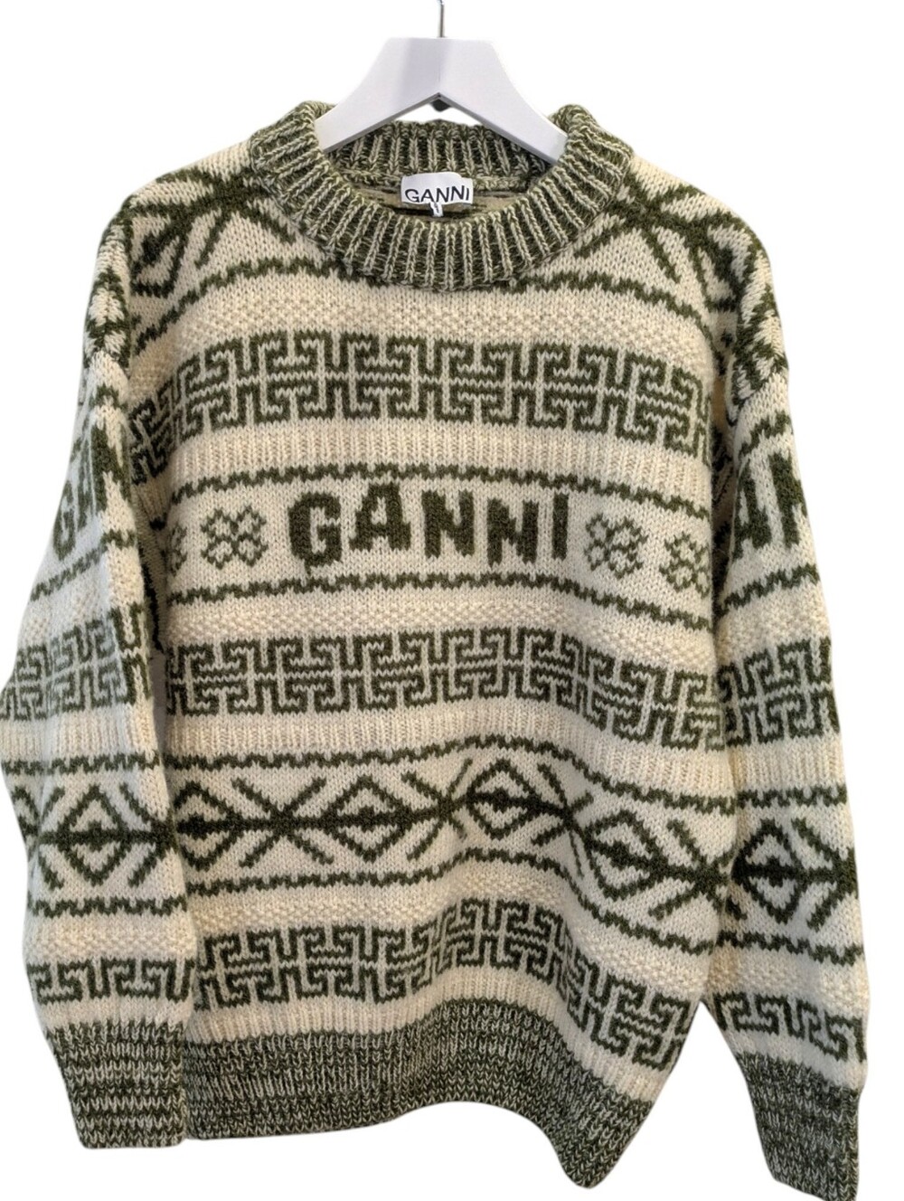 GANNI Fair Isle Geometric Wool Sweater Small Avocado Green Cream Logo Organic